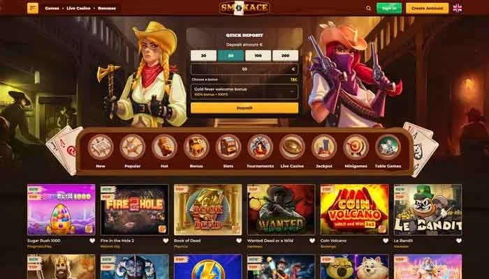 Smokace casino lobby on desktop